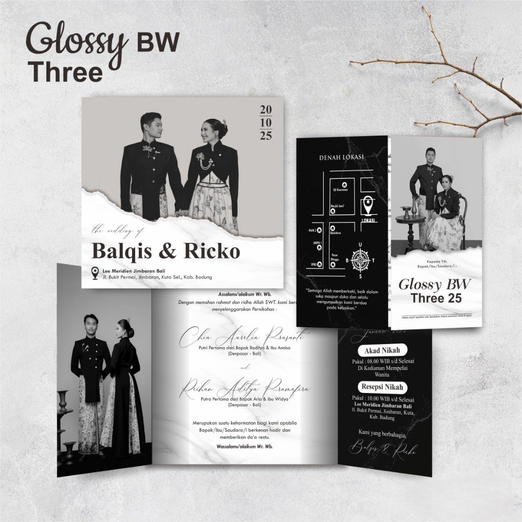 Undangan Pernikahan Glossy BW Three - Undangan Nikah Hitam Putih Elegan Aesthetic
