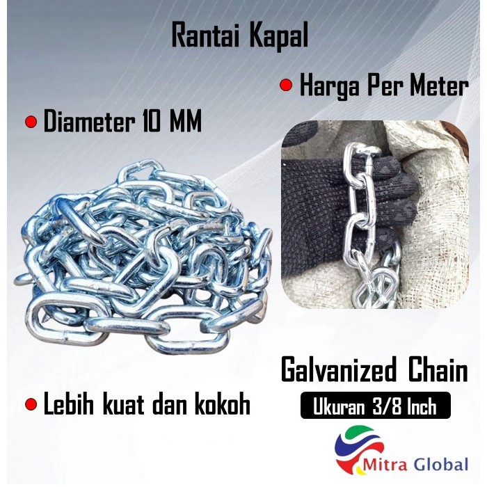 Rantai 10 mm / Rantai Besi Galvanis Ukuran 10mm / Rantai Kapal Besar 10mm Eceran / Meteran