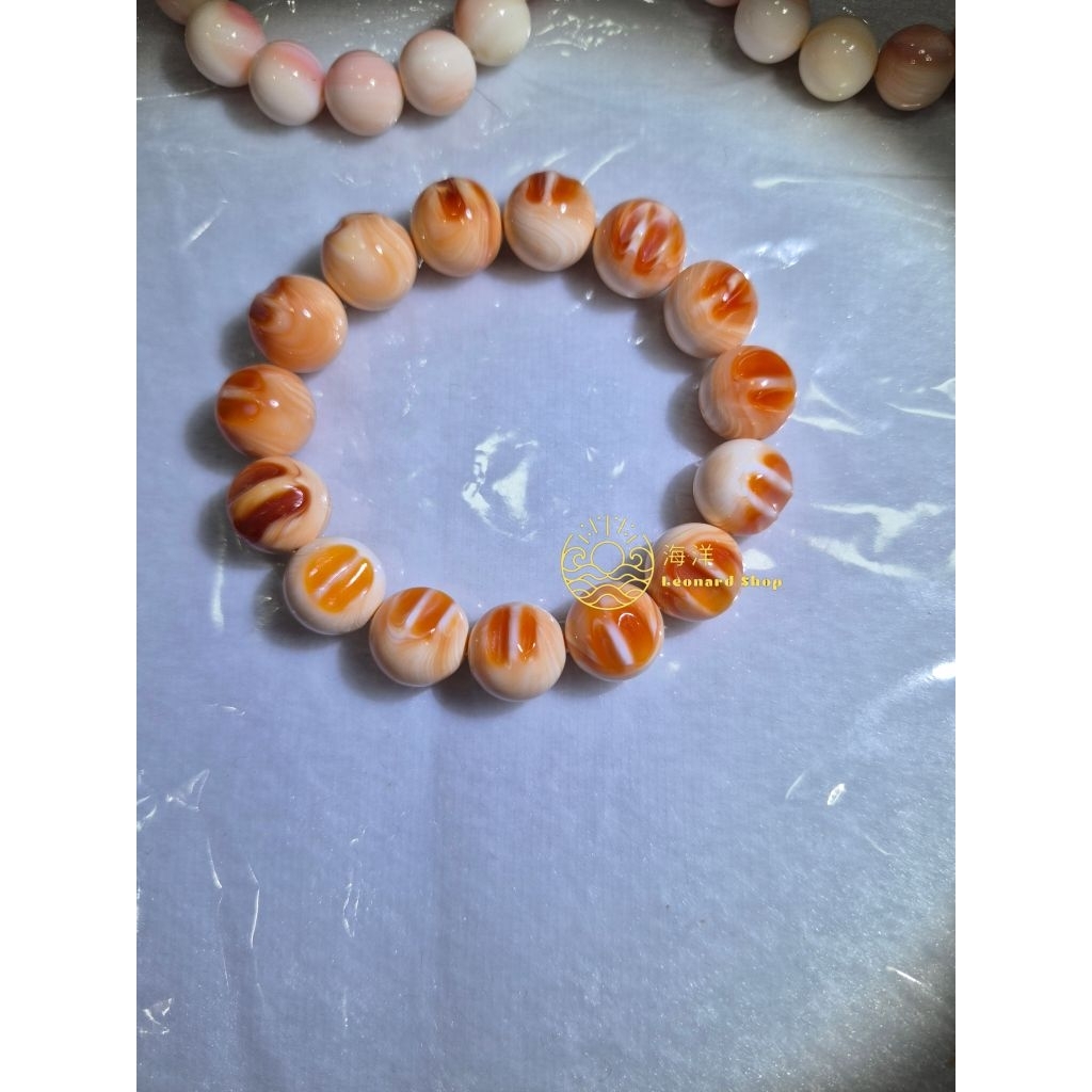 GELANG KULIT KERANG ORANGE ASLI 100% PUTIH SERAT EMAS BAHAN SUPER BERKUALITAS NATURAL ALAMI BEI KE A