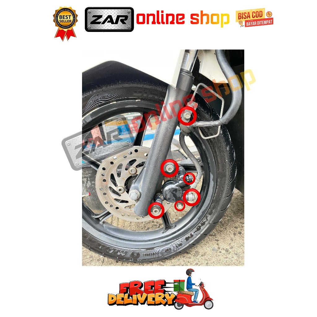 BAUT BREKET + REM + BANJO + NEPEL + TOJOSAN KALIPER DEPAN ( 6 BAUT ) BEAT SCOOPY KARBU FI ESP SPACY 