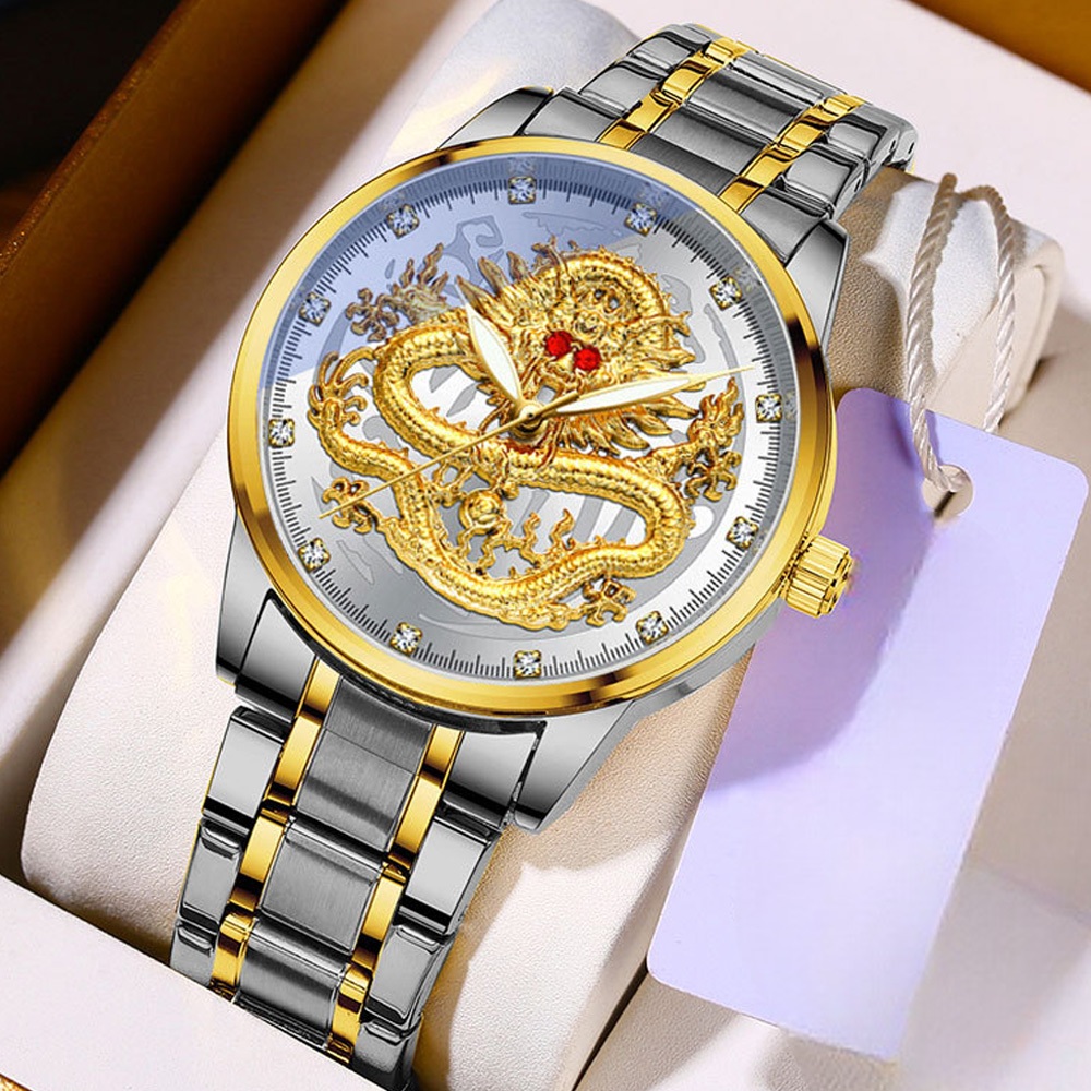 HARGA TERBAIK Jam Tangan Pria Full Diamond Desain Naga Motif Timbul 3D Rantai Stainless Steel Anti K