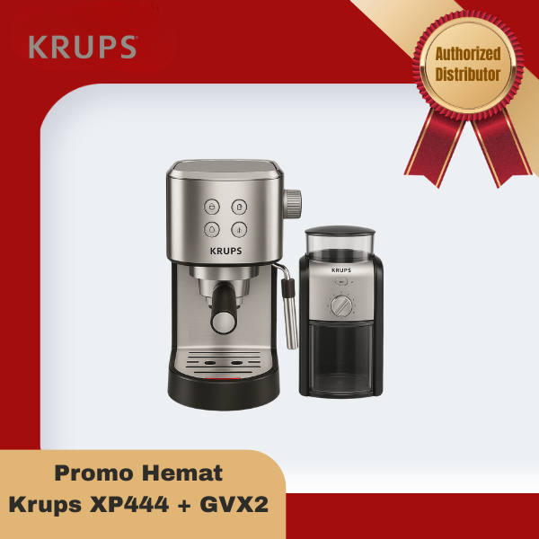 Bundling Mesin Kopi Krups XP444 + Grinder Krups GVX2, Espresso 15 Bar, Burr Grinder, Paket Hemat Bar
