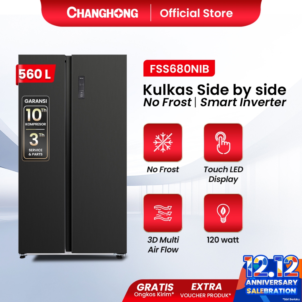 [BIG DEALS] CHANGHONG Kulkas 2 Pintu Side by Side  FSS680NIB [560 L] ( Kulkas Inverter) (Kulkas Anti