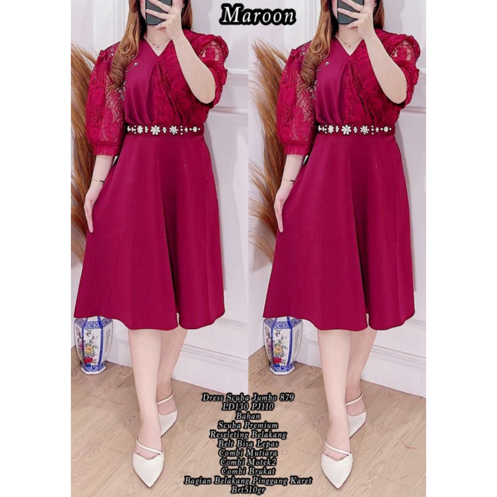 Dress scuba brokat merah maroon dan hijau jumbo