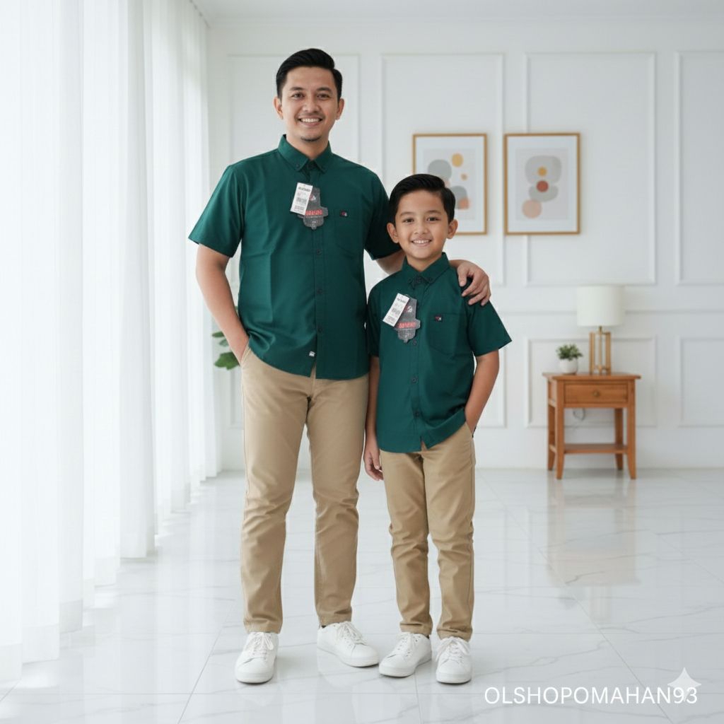 Kemeja pria atasan Polos hem Katun Couple Ayah Dan Anak Warna Hijau Botol