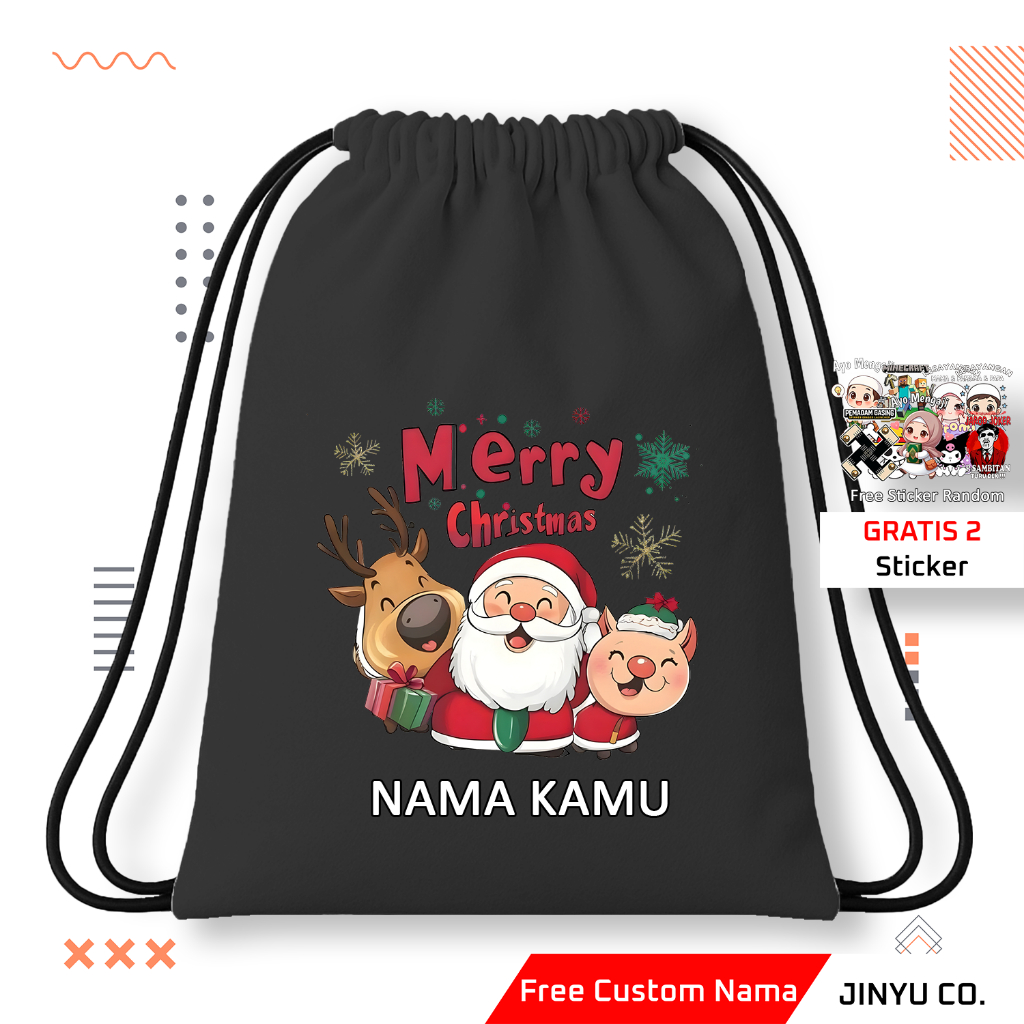 Tas Serut Anak Natal Merry Christmas Gratis Custom Nama | Tas Serut Natal Anak Unisex Free Nama