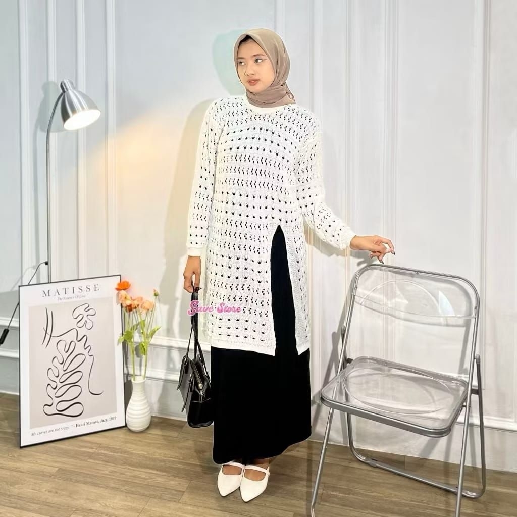 Yarra blouse Atasan tunik rajut wanita motif jaring