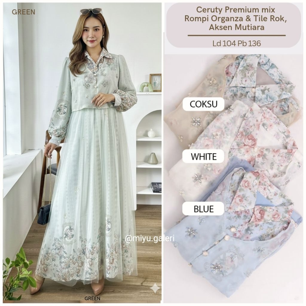 Gamis Cantik Anggun Ceruty Organza mix Rok tile tutu mutiara Mote Korean Dress Premium motif bunga b