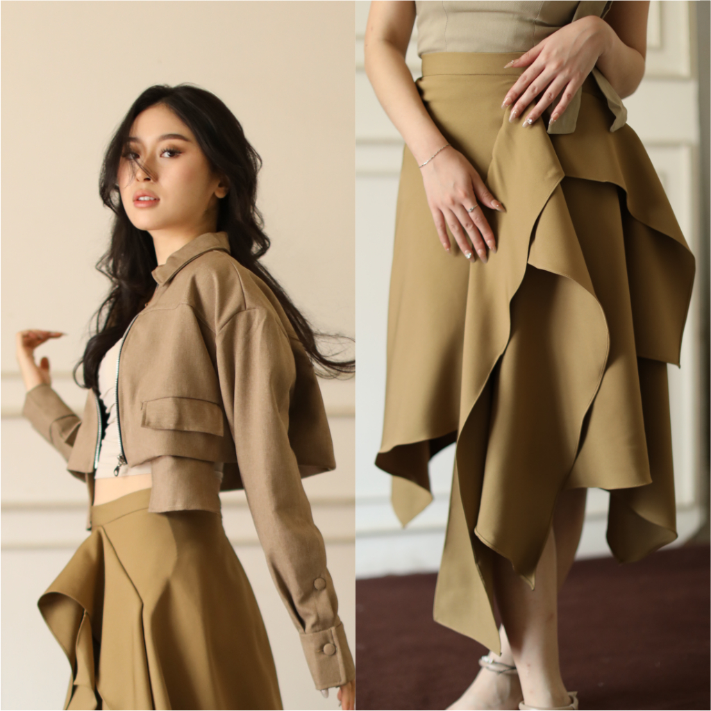 BUNDLE Ammora Top Golden Brown Alice Skirt Golden Brown Baju Atasan Wanita Tanpa Lengan Soft Denim P