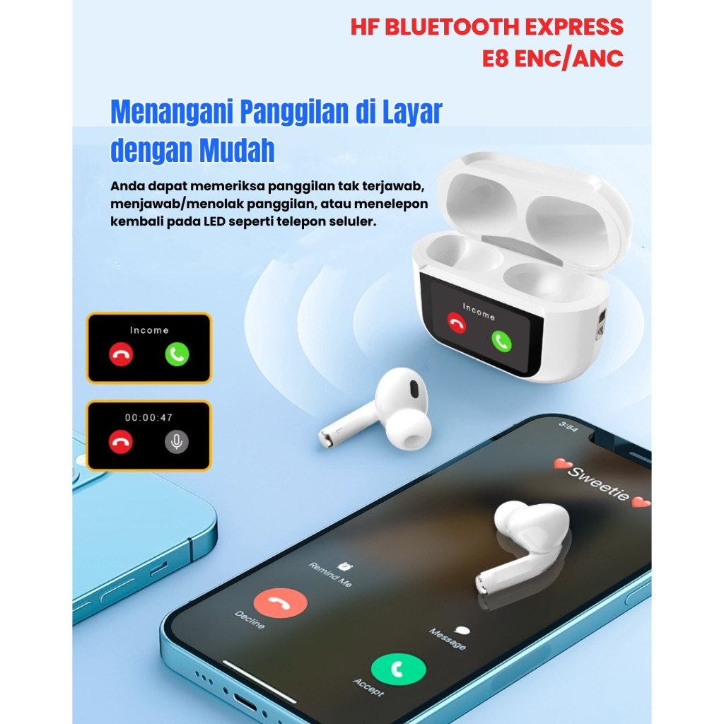 Earphone BT Express-E8 ENC ANC / Headset HF Bluetooth TWS EXP-E8 With Mikrofon Double Dark Noise Red