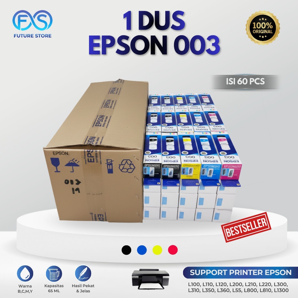 Paket 1 Dus Isi 60 Pcs Tinta Epson 003 Refill Grosir Cocok Untuk printer Epson Tipe L1110, L3100, L3