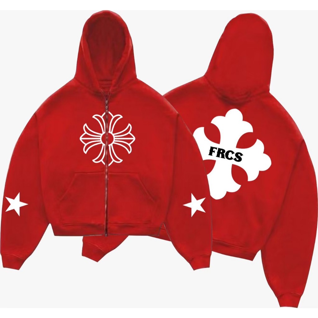 Hoodie Boxy Zipper Merah FRCS StarCross Basic - Jaket Hitam Merah Biru Putih  Sleting Skena Boxy Ove