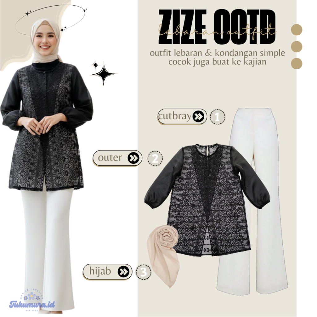 One Set Kondangan Wanita 3in1 ( Tunik Zize Outer Brokat Silang + Celana Oro Knit + Hijab Plain ) Set