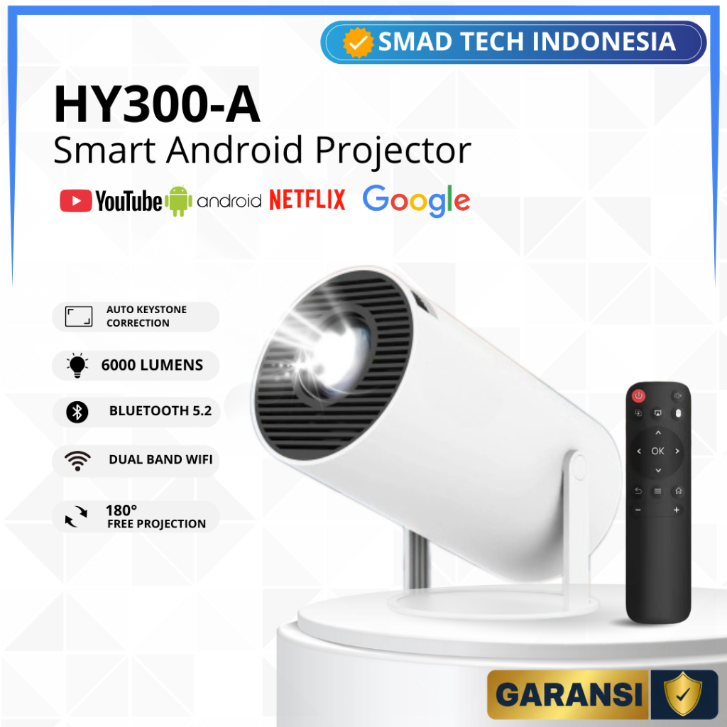 Smart HY300 A Projector 4K HD Android Dual WIFI 6.0 6000 Lumens Bluetooth RAM 2/16 GB