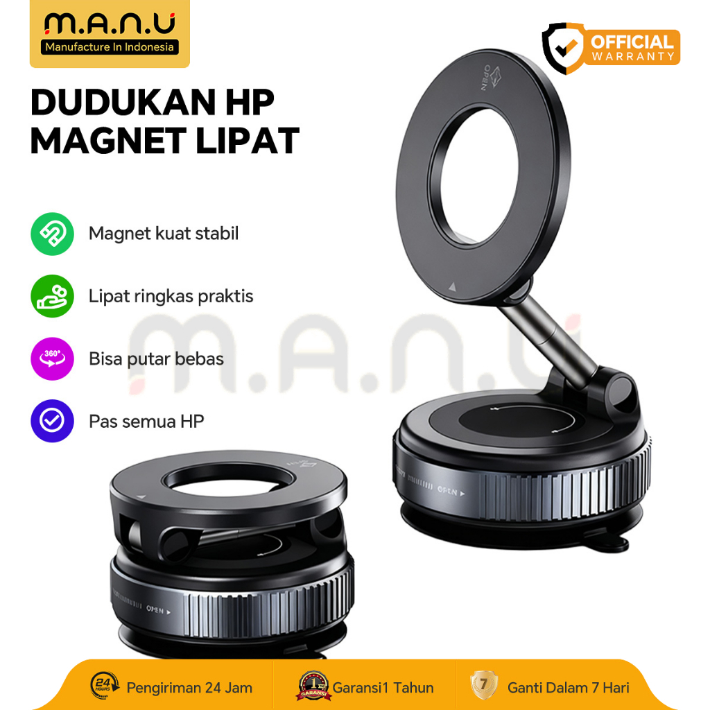 MANU Dudukan Phone Holder Magnetik Rotasi 360° Vakum Suction HP Stand Bisa Lipat, Hisap Kuat & Stabi
