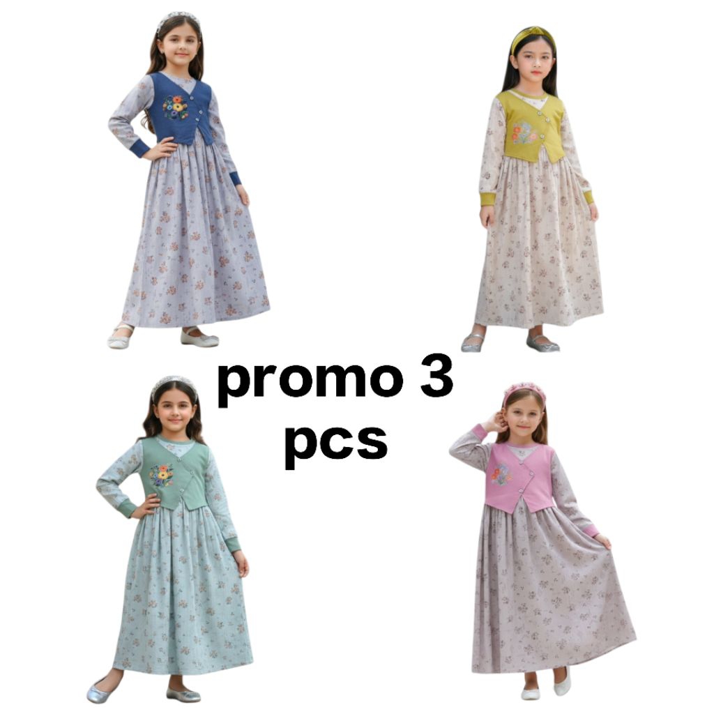 PROMO (PAKET 3 PCS) GAMIS ANAK KOMBINASI ROMPI 2-7 THN/GAMIS ANAK PEREMPUAN TERBARU