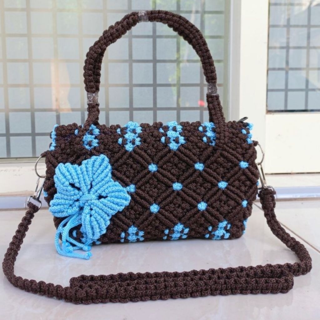 Tas Rajut Motif Kerang 2in1 Tas Rajut Wanita Bahan Talikur Tas Macrame HP Tas Handmade Talikur