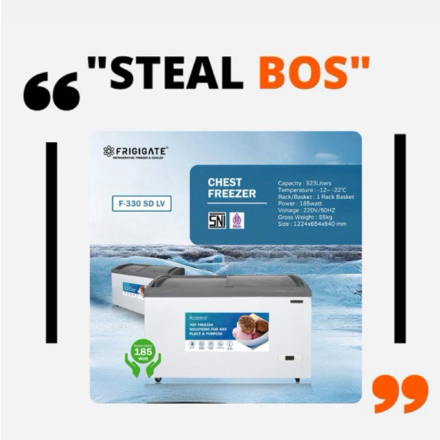 FRIGIGATE CF- 330 SD LV chest freezer sliding door 330 liter pintu kaca freezer frigigate 330 liter 