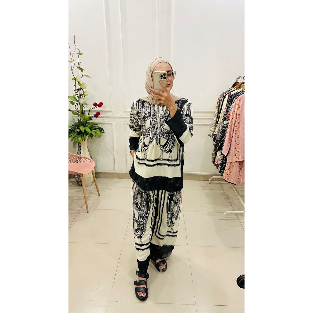 Oneset by NSA Motif Batik Hitam Putih Lengan Panjang Setelan Wanita Bahan Rayon Viscose Premium Nyam