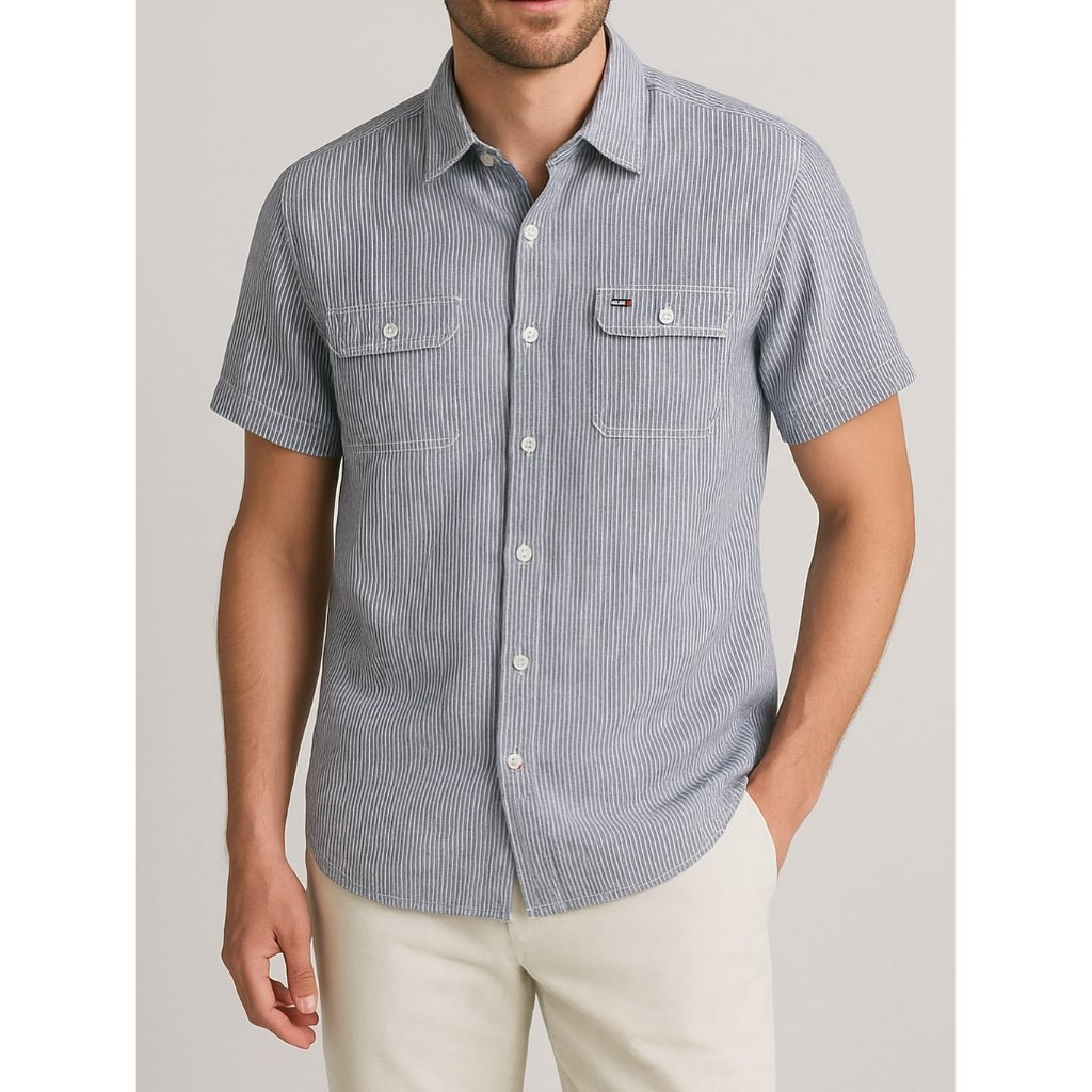 TOMMY HILFIGHER MEN DOUBLE POCKETS STRIPED COTTON SHIRT (M)