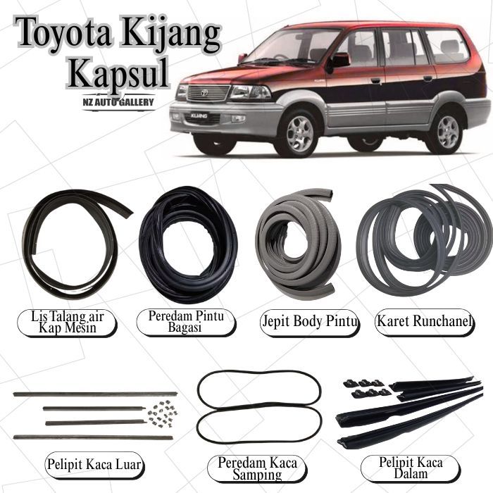 Karet Lis & Peredam Mobil Kijang Kapsul – Talang Air Kap Mesin, Peredam Bagasi, Jepit Body, Runchane