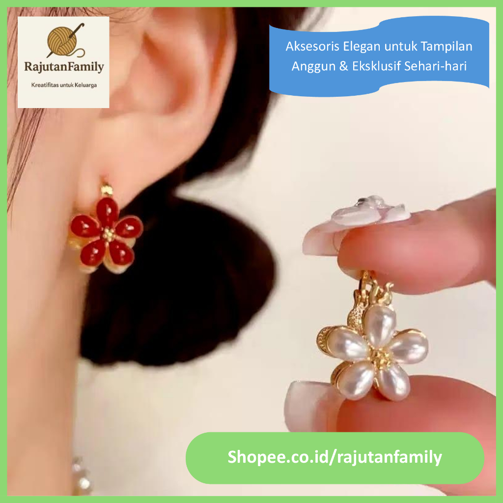 Anting Wanita Bunga Elegan Merah Putih Emas