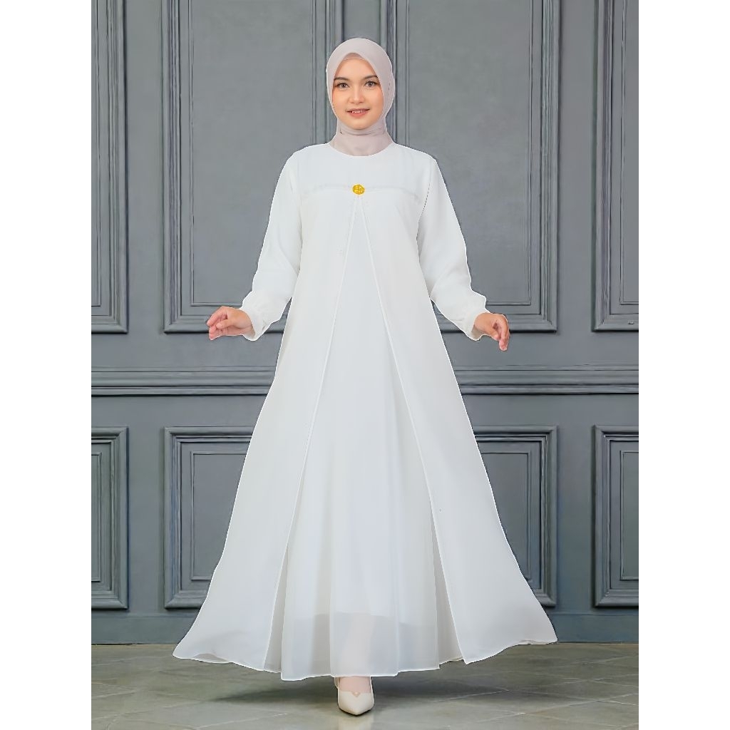 Dress gamis umroh haji putih tulang bahan ceruty import polos aplikasi payet