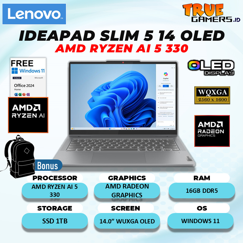 Laptop Lenovo Ideapad Slim 5 14 OLED AMD Ryzen AI 5 330 16GB 1TB SSD Windows11+Office 14.0Wuxga OLED