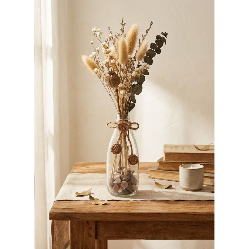 vas bunga aesthetic/vas bunga tali rami plus batu hias/aesthetic/bejana/dekorasi/vas bunga kaca/boto