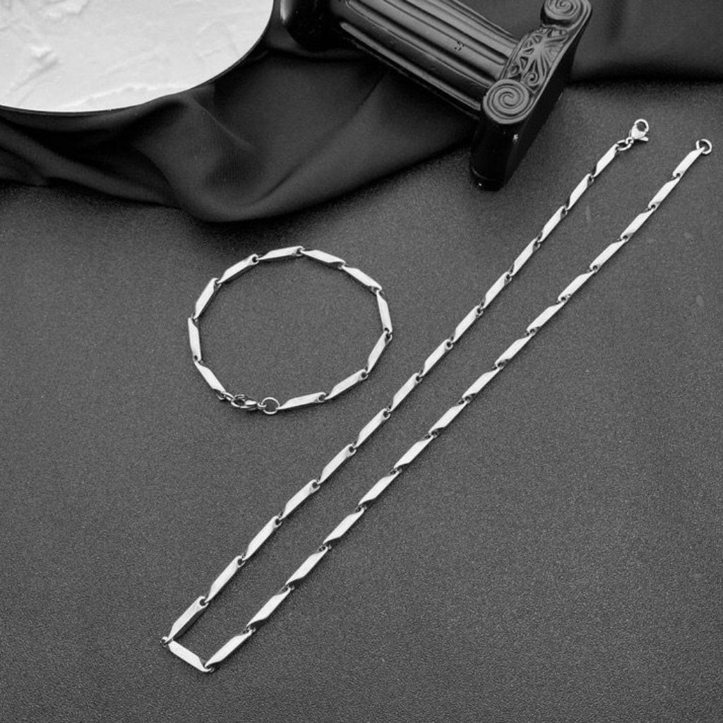 Satu Set Gelang Dan Kalung Titanium silver putih perak Model Padi Accessories model pria dan wanita