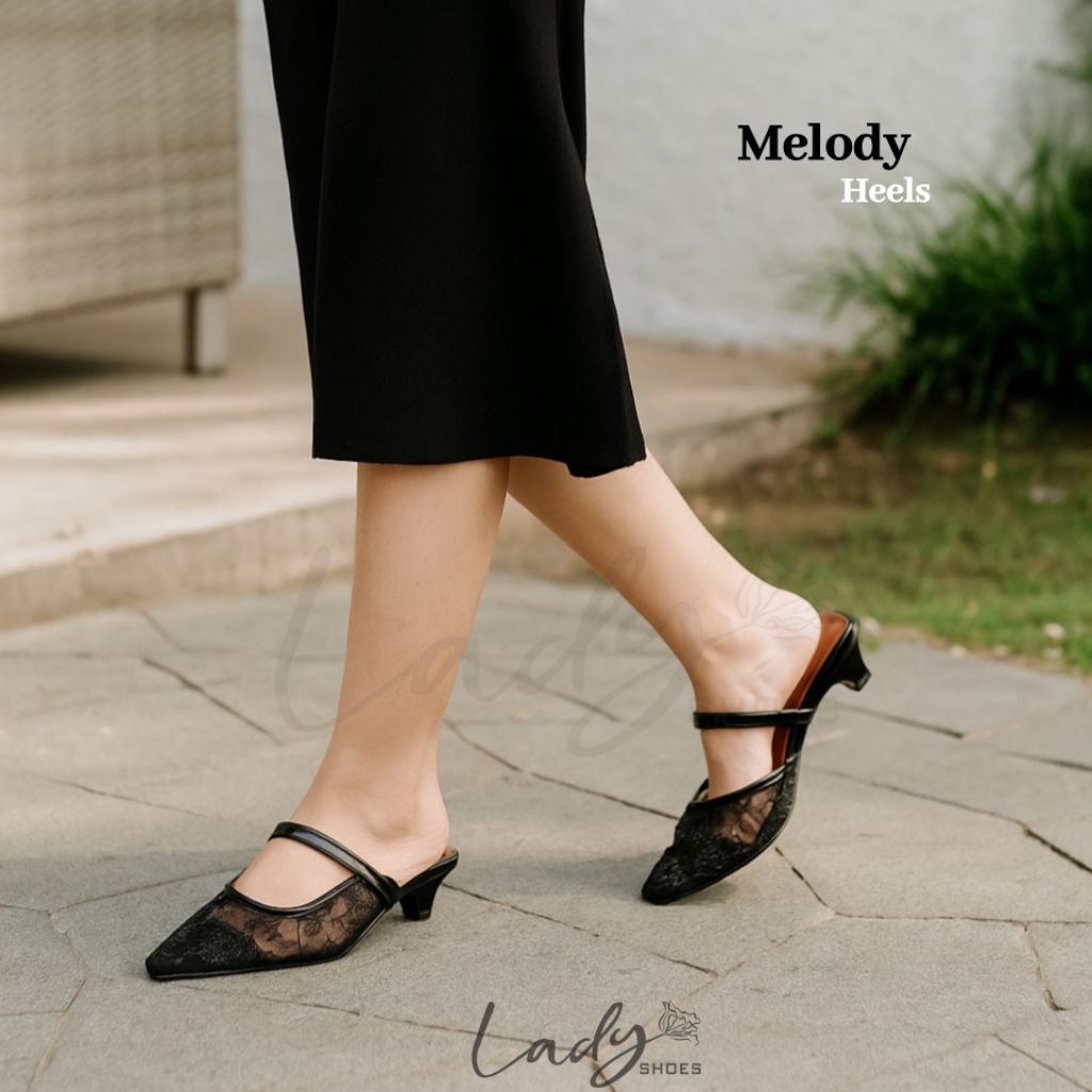 LADYSHOES MELODY Sandal Wanita Elegan Heels Brokat Jaring Selop Kekinian Pesta Nikahan Wisuda