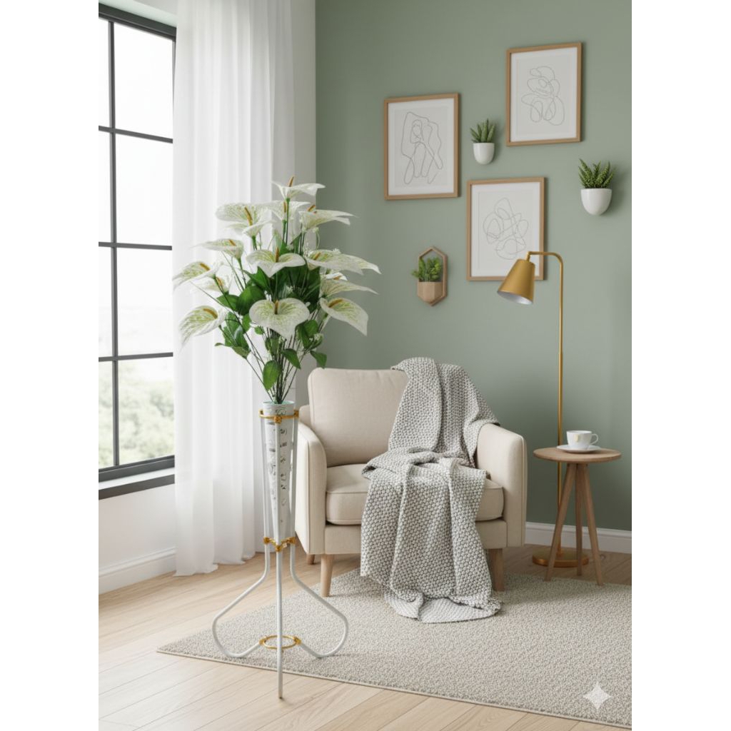 Bunga Aron Panda 18 Kuntum Premium dengan Pot dan Standing Besi Bunga Sudut Ruangan