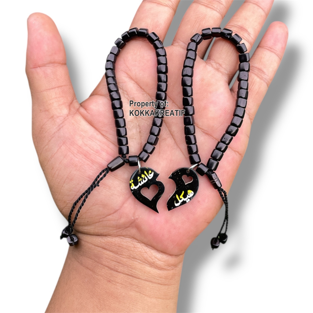 Gelang Couple Kayu Kokka Asli Ukir Nama Arab Latin Liontin Love - Gelang Kaukah Marjan Isi 2 Pcs