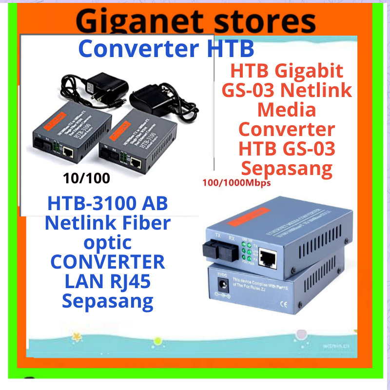 Converter HTB 3100 & Converter HTB GS -03 Gigabit Sepasang Side A Side B Plus Adaptor