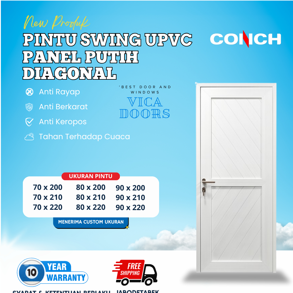 Pintu Swing UPVC Panel Diagonal Pintu Rumah Modern Minimalis Warna Putih UPVC Conch