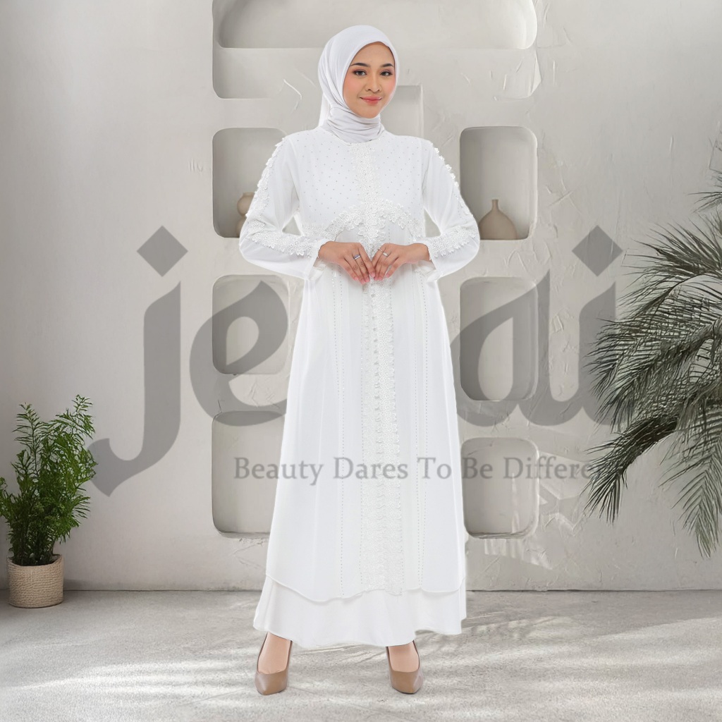 JENAI Abaya putih turkey terbaru - Gamis putih wanita mewah dan elegan