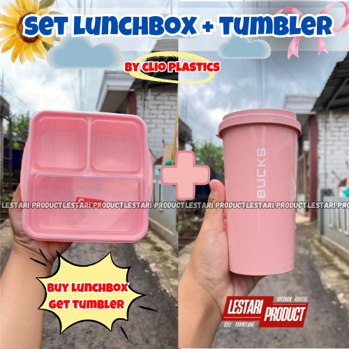 1 SET LUNCHBOX CLIO 3 SEKAT + TUMBLER BUCKS | LUNCHBOX PLASTIK 3 SEKAT | TUMBLER PLASTIK | BOTOL MIN