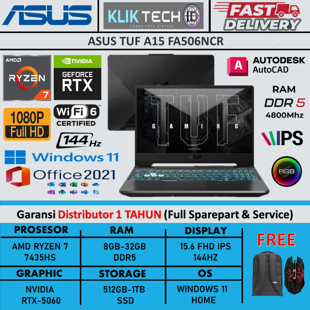 Laptop ASUS TUF A15 FA506NCR AMD RYZEN 7 7435HS 8GB DDR5 512GB RTX3050-4GB 15.6 FHD IPS 144HZ RGB  W