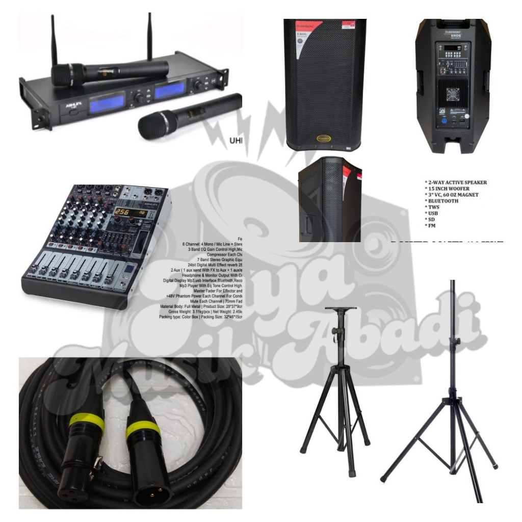 13)PAKET 1 set speaker dusenbreg,mixer ashley 4chanel,mic wsireles ashley,,stand speaker jack cewe/c