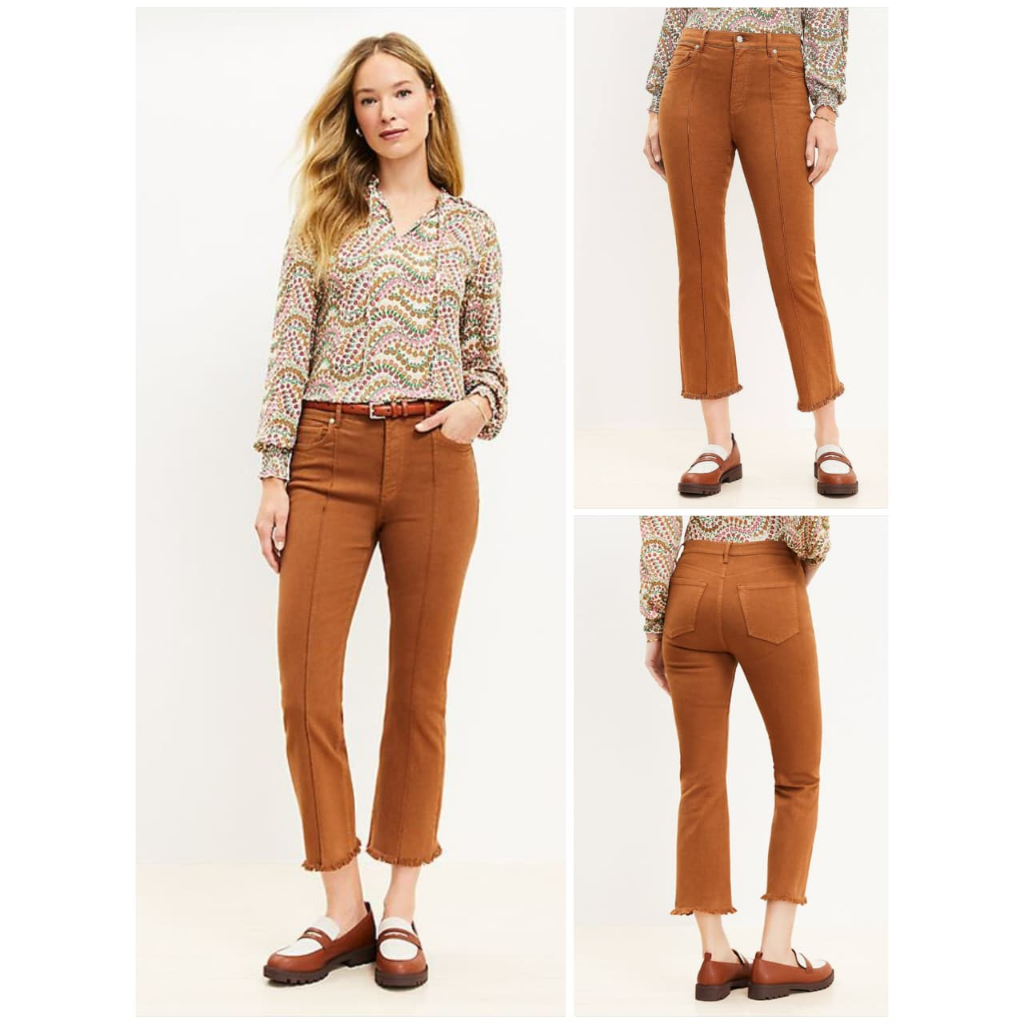 Celana  Loft Pintucked Frayed High Rise Kick crop Jeans in Cocoa Pants