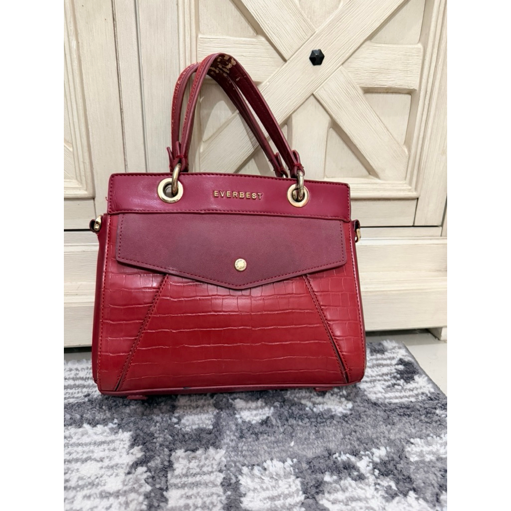PRELOVED Everbest Handbag Merah Croco Pattern / Tas Wanita Elegan / Tas Selempang + Tali Panjang / K