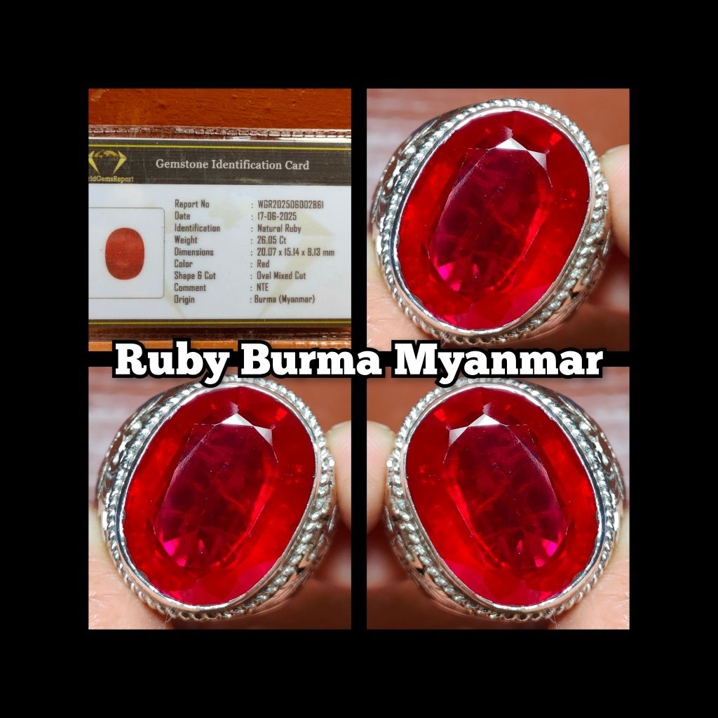 BATU RUBY BURMA PIGEON BLOOD + ring perak silver