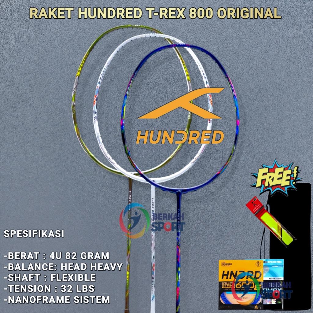 Raket Badminton HNDRD T-REX 800 4U Head Heavy Max 32 LBS ORI Free Tas Grip Dan Pasang Senar