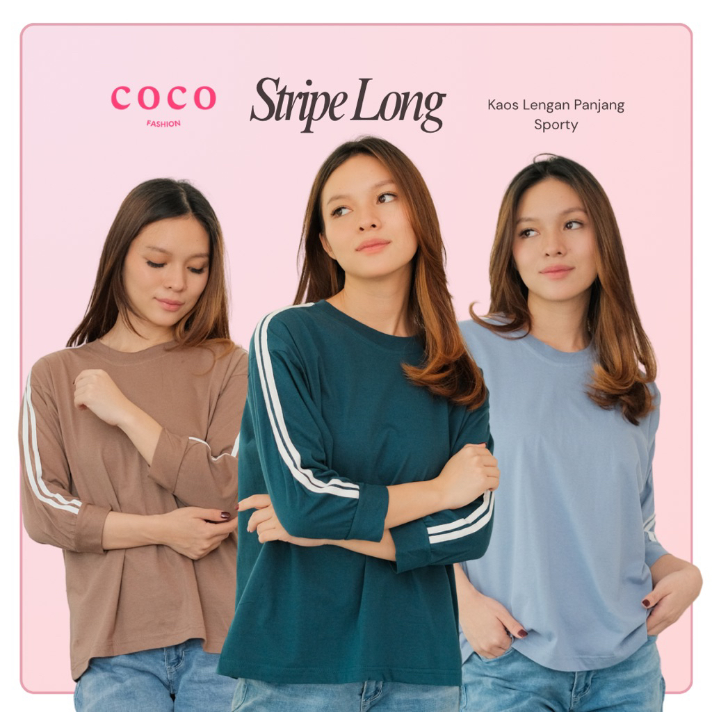 Atasan Wanita Kaos Lengan Panjang Stripe Long Sleeve Top Hijab Oversize Korean Sporty Style Cotton C