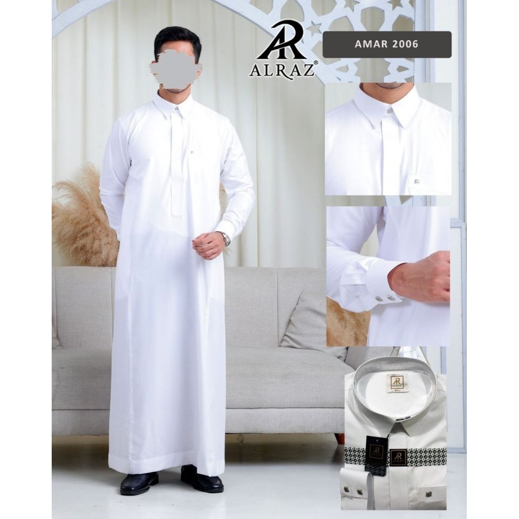 Alraz Jubah Gamis Putih Panjang Kerah Kemeja Amar