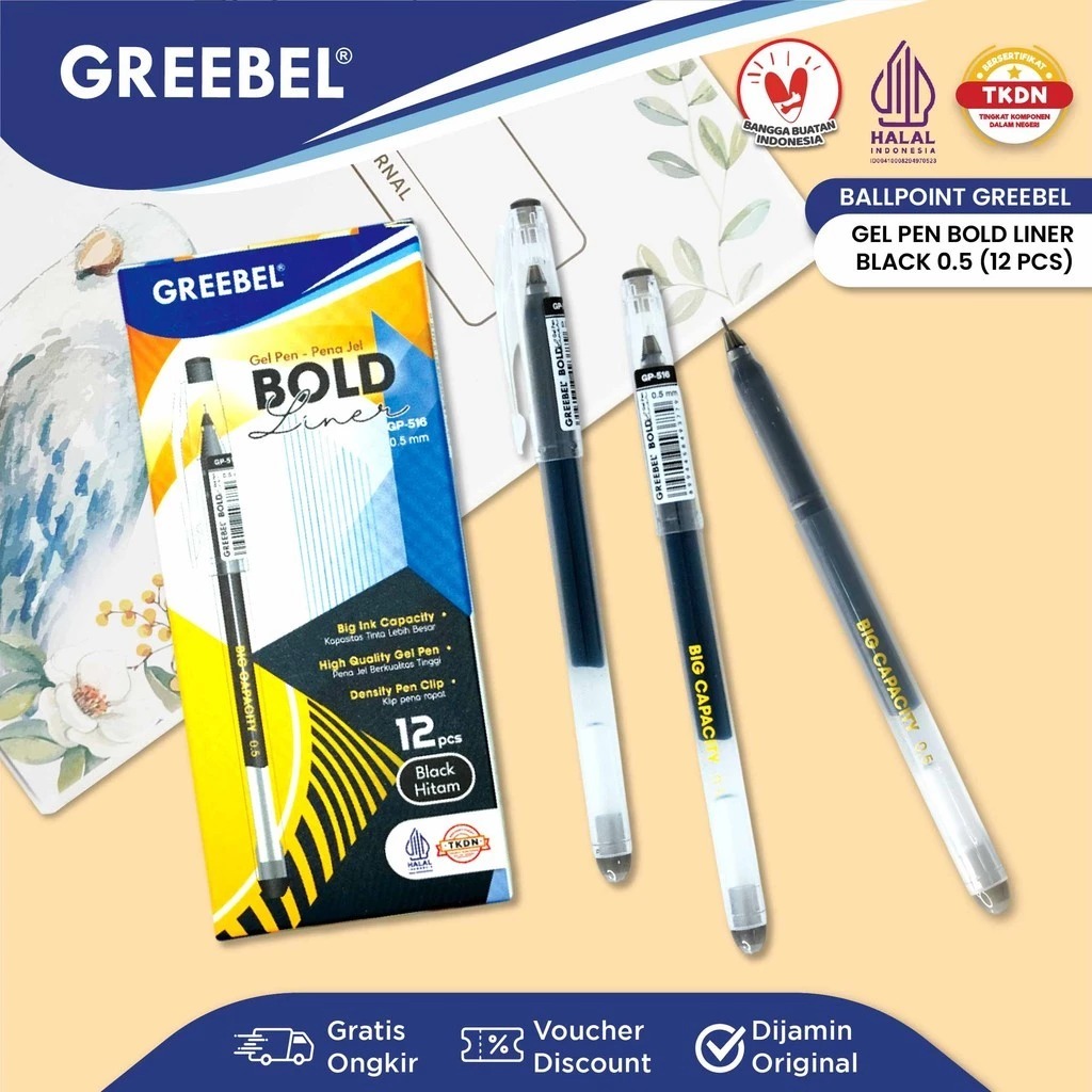 1 PACK (12 PCS) PULPEN GREEBEL BOLD LINER GP-516 0.5MM PULPEN GEL TERMURAH