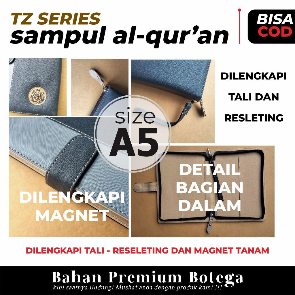 sampul Al Quran A5 sampul Al Quran botega kulit sintetis A5 model resleting dilengkapi tali dan magn