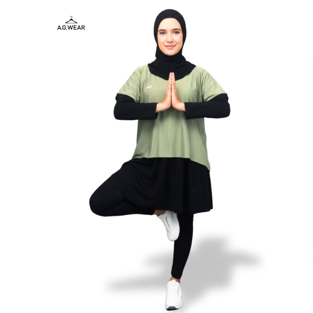 Setelan Olahraga Agnia Wanita Crop Top, Legging, Rok, Jilbab, Warna Hitam, All Size, Bahan Jersey Pr