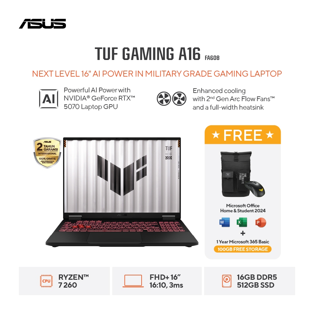 [FREE MOUSE] Asus TUF Gaming A16 FA608UH-R7N55J6G-HM – Jeager Gray [AMD Ryzen 7 260 Processor / NVID