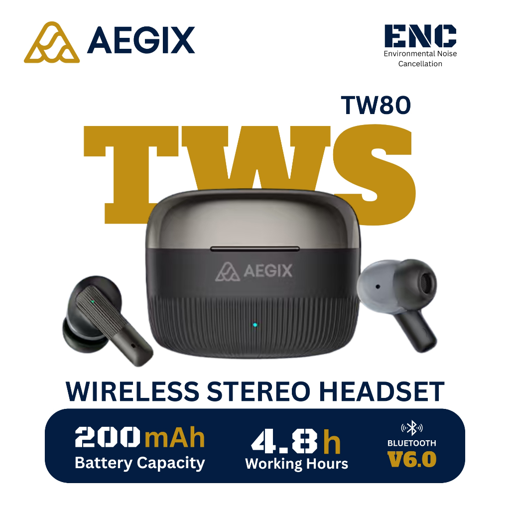 TWS AEGIX TW80 Bluetooth 6.0 – Headset Wireless Stereo Bass ENC Peredam Kebisingan Earphone Earbuds